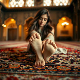 A beautiful Persian girl sitting gracefully on a luxurious carpet, her delicate feet adorned with elegant anklets