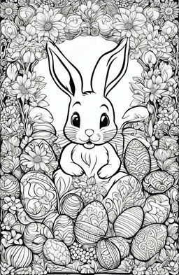 This is a detailed, black and white colouring book page featuring a playful Easter Bunny surrounded by decorated Easter eggs and spring flowers, all designed in the intricate style of Tim Jeffs