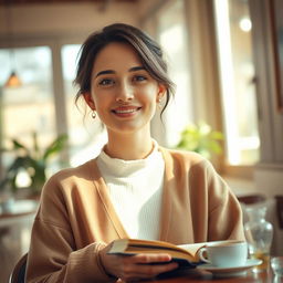 A serene portrait of a 33-year-old woman named Lily, capturing her love for quiet mornings and meaningful conversations