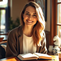 A serene portrait of a 33-year-old woman named Lily, capturing her love for quiet mornings and meaningful conversations