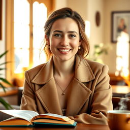 A serene portrait of a 33-year-old woman named Lily, capturing her love for quiet mornings and meaningful conversations