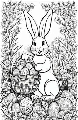 A black and white colouring book page featuring a detailed Easter Bunny in a whimsical style, carrying a basket of ornately designed eggs, set against a spring meadow background, waiting to be brought to life with colours