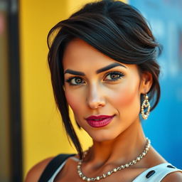 A 35-year-old woman with dark hair and tanned skin, possessing expressive eyes that reflect her Latin heritage
