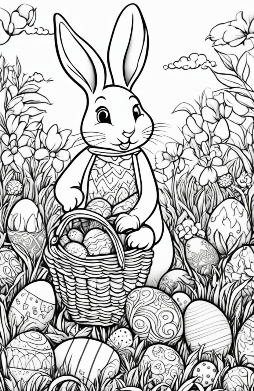 A black and white colouring book page featuring a detailed Easter Bunny in a whimsical style, carrying a basket of ornately designed eggs, set against a spring meadow background, waiting to be brought to life with colours