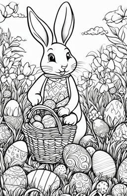 A black and white colouring book page featuring a detailed Easter Bunny in a whimsical style, carrying a basket of ornately designed eggs, set against a spring meadow background, waiting to be brought to life with colours