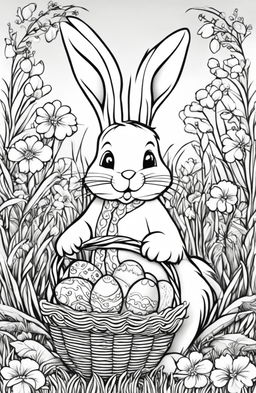 A black and white colouring book page featuring a detailed Easter Bunny in a whimsical style, carrying a basket of ornately designed eggs, set against a spring meadow background, waiting to be brought to life with colours