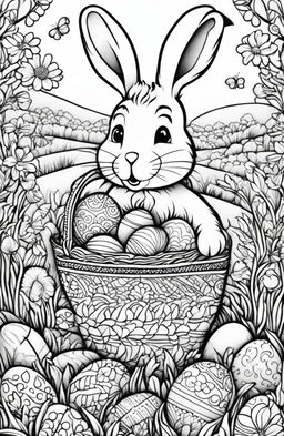 A black and white colouring book page featuring a detailed Easter Bunny in a whimsical style, carrying a basket of ornately designed eggs, set against a spring meadow background, waiting to be brought to life with colours