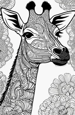 A high-quality digital art image designed for coloring, depicting a highly detailed giraffe in the style of Tim Jeffs