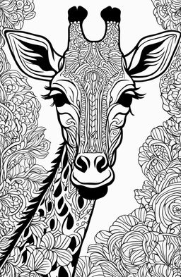 A high-quality digital art image designed for coloring, depicting a highly detailed giraffe in the style of Tim Jeffs