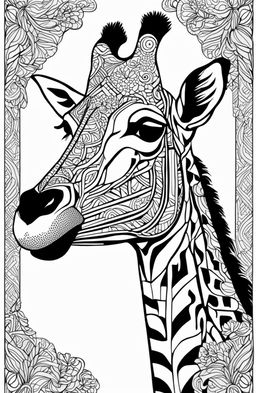 A high-quality digital art image designed for coloring, depicting a highly detailed giraffe in the style of Tim Jeffs