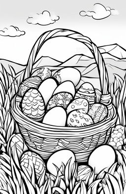 A black and white colouring book page featuring a detailed Easter basket filled with uniquely designed eggs, set against a simple background of a grassy knoll and clear sky