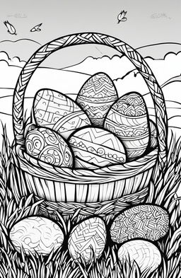 A black and white colouring book page featuring a detailed Easter basket filled with uniquely designed eggs, set against a simple background of a grassy knoll and clear sky