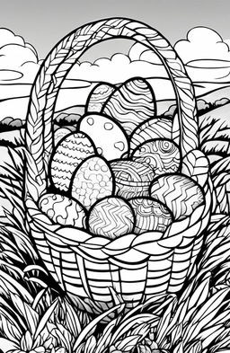 A black and white colouring book page featuring a detailed Easter basket filled with uniquely designed eggs, set against a simple background of a grassy knoll and clear sky