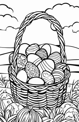 A black and white colouring book page featuring a detailed Easter basket filled with uniquely designed eggs, set against a simple background of a grassy knoll and clear sky