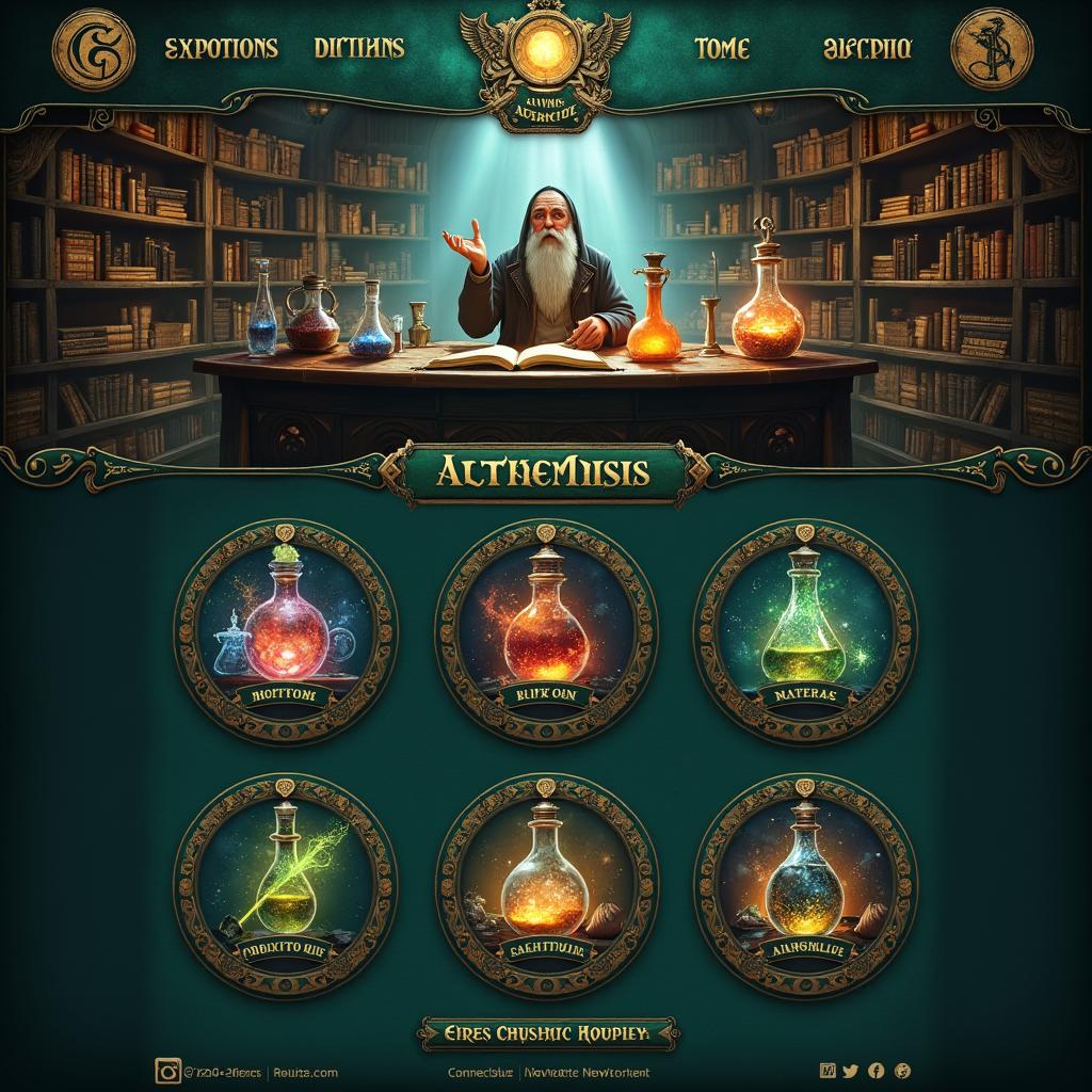 A beautifully designed homepage for an alchemist's website, featuring an intricate and mystical layout