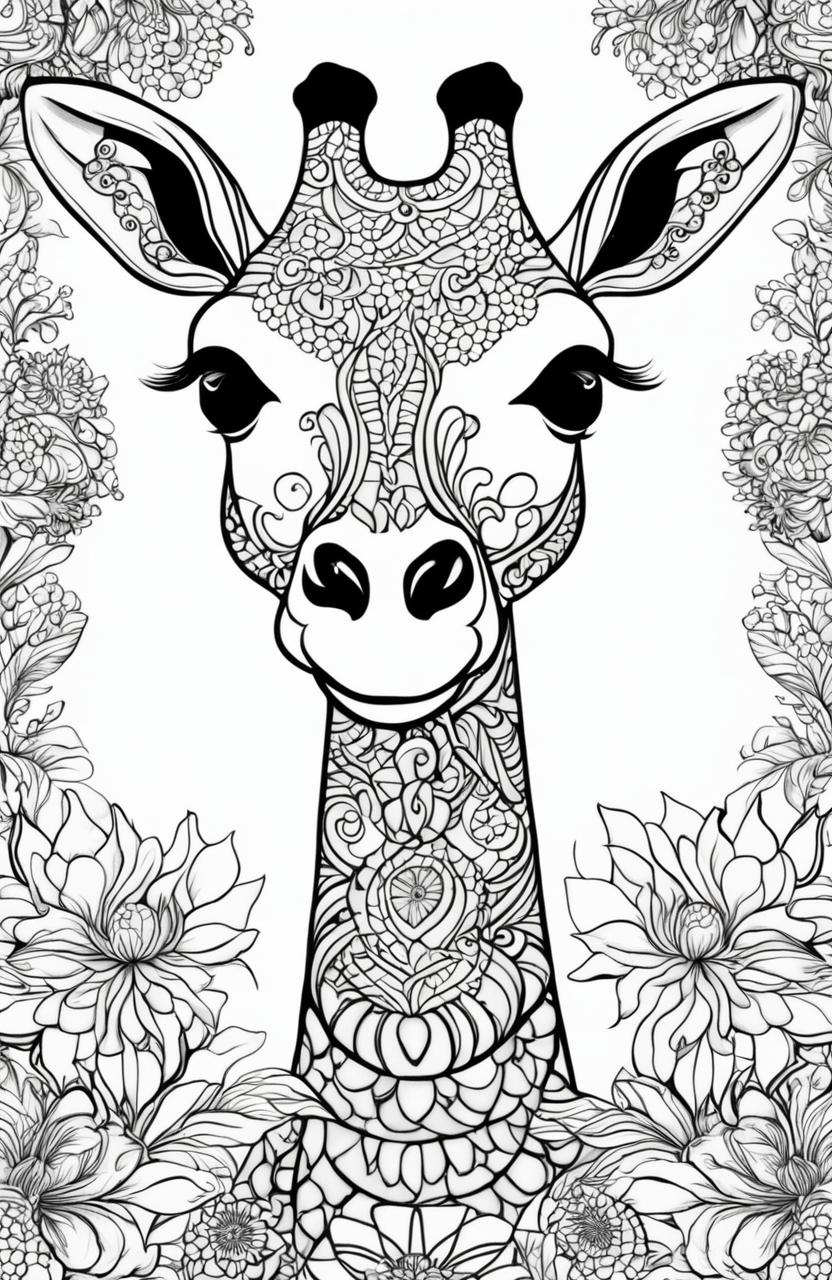 A high-resolution digital art image, designed as a coloring page, featuring a giraffe adorned with intricate botanical patterns in the style of Johanna Basford