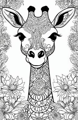 A high-resolution digital art image, designed as a coloring page, featuring a giraffe adorned with intricate botanical patterns in the style of Johanna Basford