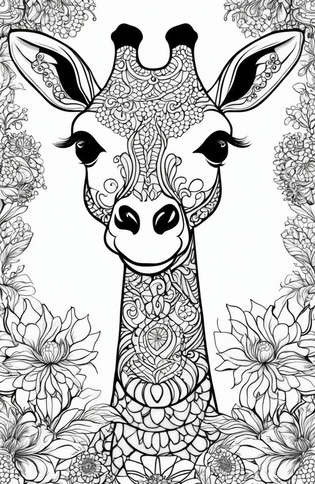 A high-resolution digital art image, designed as a coloring page, featuring a giraffe adorned with intricate botanical patterns in the style of Johanna Basford