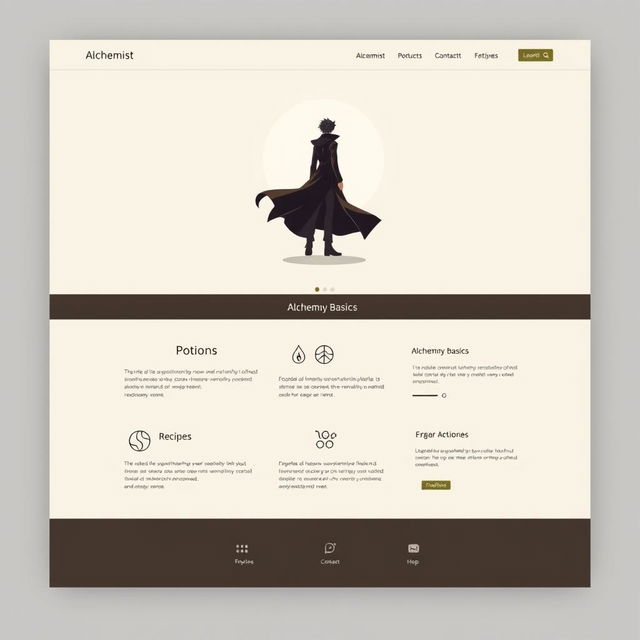 A minimalistic homepage for an alchemist's website, inspired by the anime style of Fullmetal Alchemist