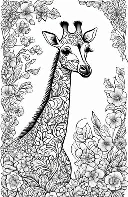 A high-resolution digital art image, designed as a coloring page, featuring a giraffe adorned with intricate botanical patterns in the style of Johanna Basford