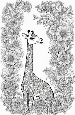 A high-resolution digital art image, designed as a coloring page, featuring a giraffe adorned with intricate botanical patterns in the style of Johanna Basford