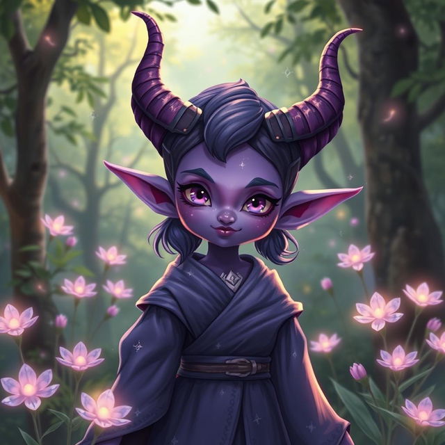 A charming violet tiefling character, with striking purple skin and magnificent horns curving elegantly from her head