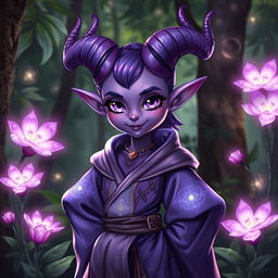 A charming violet tiefling character, with striking purple skin and magnificent horns curving elegantly from her head