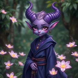 A charming violet tiefling character, with striking purple skin and magnificent horns curving elegantly from her head
