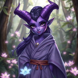 A charming violet tiefling character, with striking purple skin and magnificent horns curving elegantly from her head