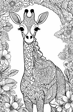 A high-resolution digital art image, designed as a coloring page, featuring a giraffe adorned with intricate botanical patterns in the style of Johanna Basford