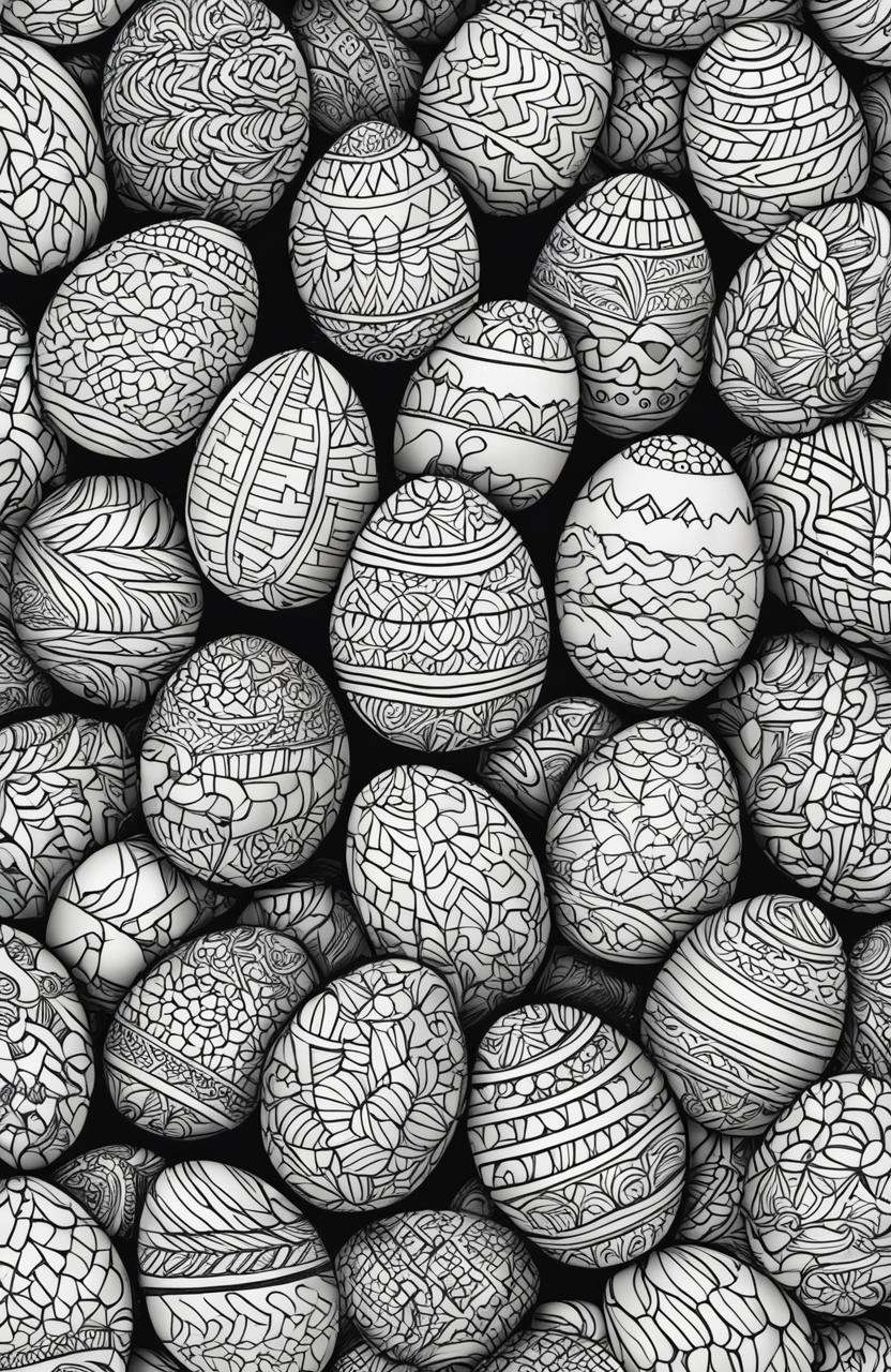 This is a highly detailed black and white colouring book page of a basket full of uniquely decorated Easter eggs, in the style of Tim Jeffs