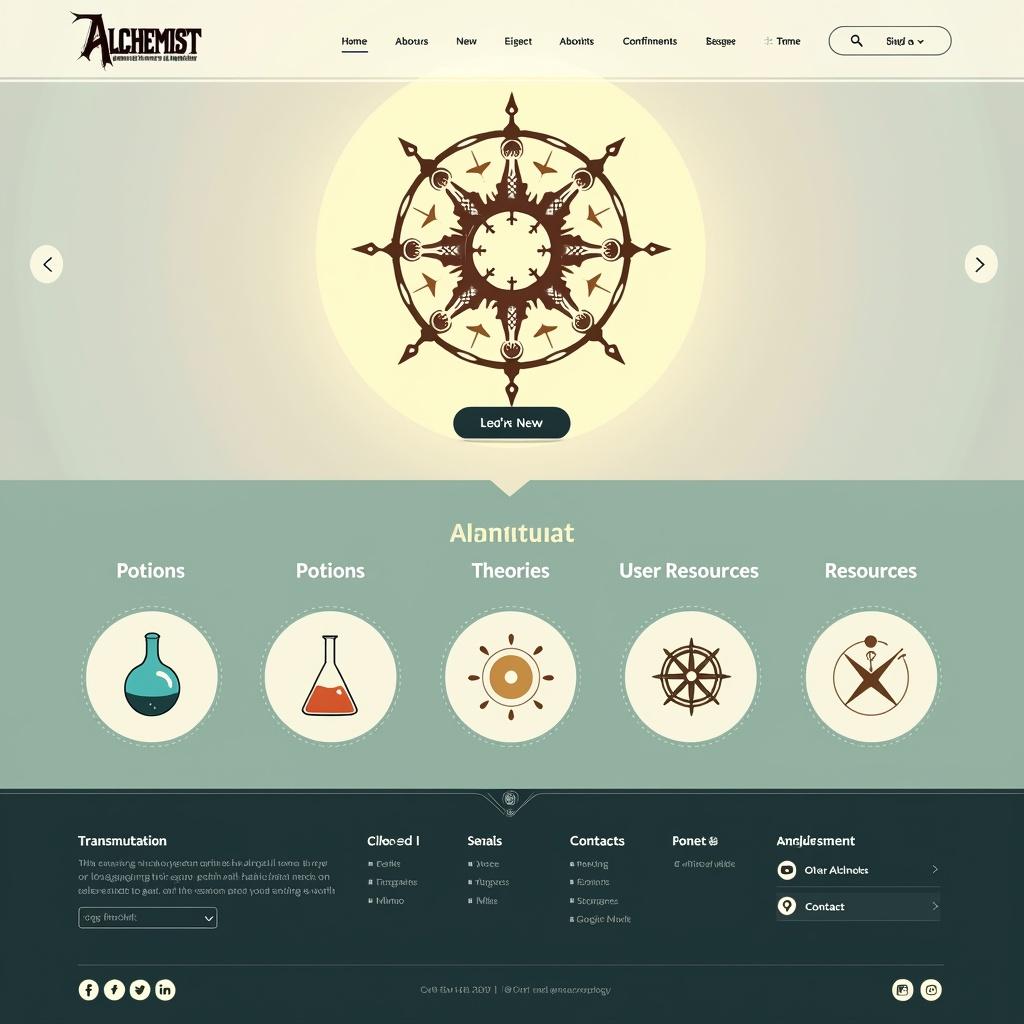 A minimalistic homepage for an alchemist's website, inspired by the anime style of Fullmetal Alchemist, featuring prominent transmutation circles in its design