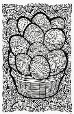 This is a highly detailed black and white colouring book page of a basket full of uniquely decorated Easter eggs, in the style of Tim Jeffs