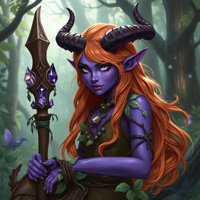 A captivating violet tiefling druid, featuring stunning purple skin and beautifully curved horns