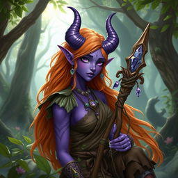 A captivating violet tiefling druid, featuring stunning purple skin and beautifully curved horns