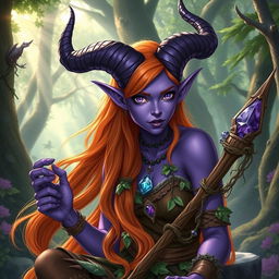 A captivating violet tiefling druid, featuring stunning purple skin and beautifully curved horns