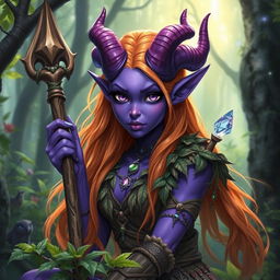 A captivating violet tiefling druid, featuring stunning purple skin and beautifully curved horns