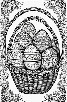 This is a highly detailed black and white colouring book page of a basket full of uniquely decorated Easter eggs, in the style of Tim Jeffs