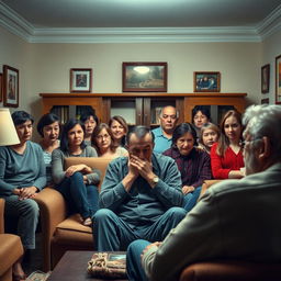 A tense family gathering in a well-lit living room, featuring a middle-aged man sitting on a sofa, looking anxious and trying to hide his face from a heavy spotlight aimed at him
