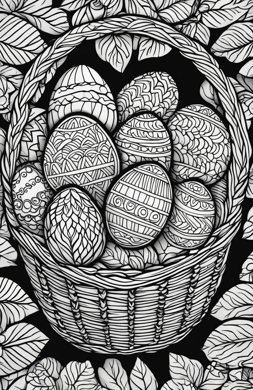 This is a highly detailed black and white colouring book page of a basket full of uniquely decorated Easter eggs, in the style of Tim Jeffs