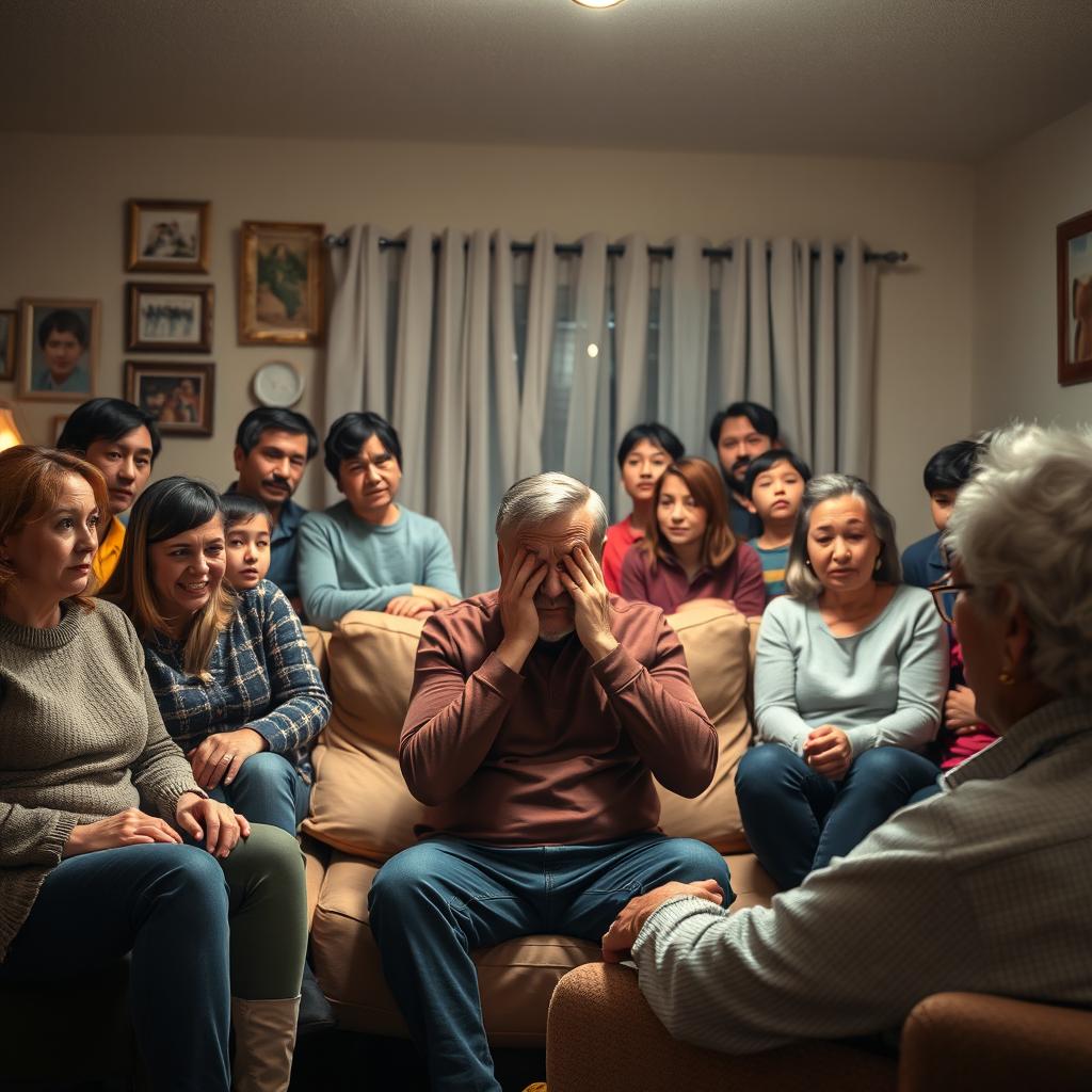 A tense family gathering in a well-lit living room, featuring a middle-aged man sitting on a sofa, looking anxious and trying to hide his face from a heavy spotlight aimed at him