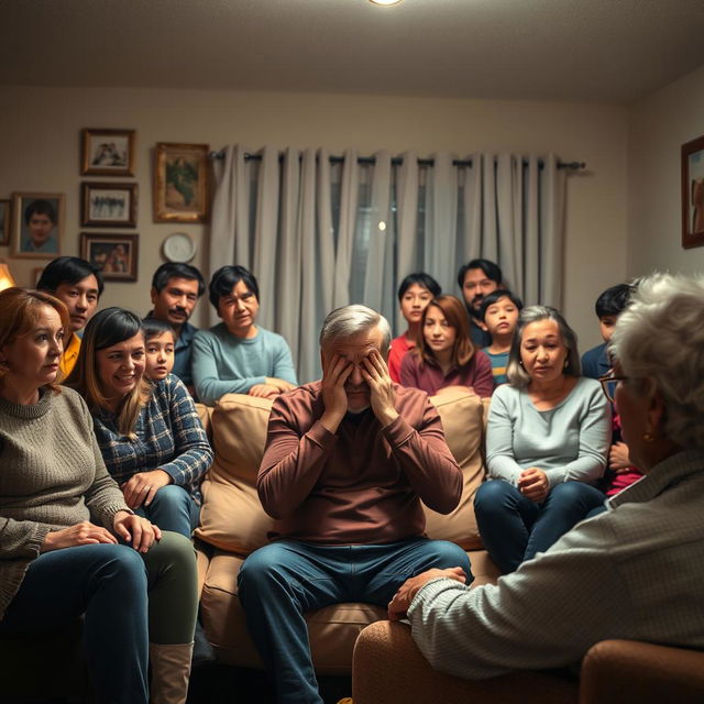 A tense family gathering in a well-lit living room, featuring a middle-aged man sitting on a sofa, looking anxious and trying to hide his face from a heavy spotlight aimed at him