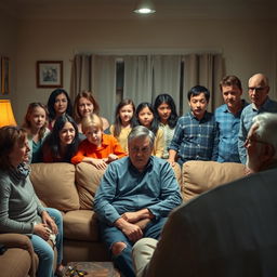 A tense family gathering in a well-lit living room, featuring a middle-aged man sitting on a sofa, looking anxious and trying to hide his face from a heavy spotlight aimed at him