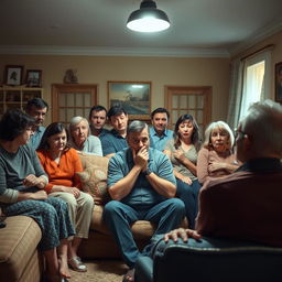 A tense family gathering in a well-lit living room, featuring a middle-aged man sitting on a sofa, looking anxious and trying to hide his face from a heavy spotlight aimed at him