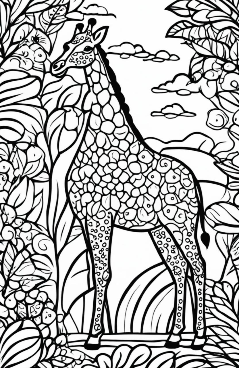 A high-quality, digital art coloring page featuring a minimalist, Johanna Basford-style giraffe