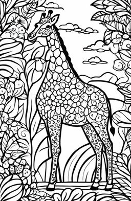 A high-quality, digital art coloring page featuring a minimalist, Johanna Basford-style giraffe