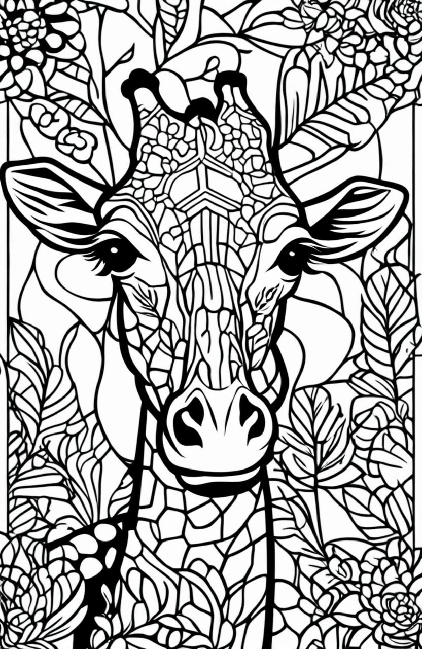 A high-quality, digital art coloring page featuring a minimalist, Johanna Basford-style giraffe