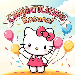 A cute cartoon-style illustration featuring Hello Kitty in her classic outfit, joyfully waving her hand with a cheerful expression