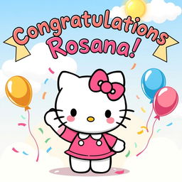A cute cartoon-style illustration featuring Hello Kitty in her classic outfit, joyfully waving her hand with a cheerful expression
