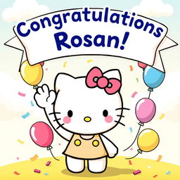 A cute cartoon-style illustration featuring Hello Kitty in her classic outfit, joyfully waving her hand with a cheerful expression